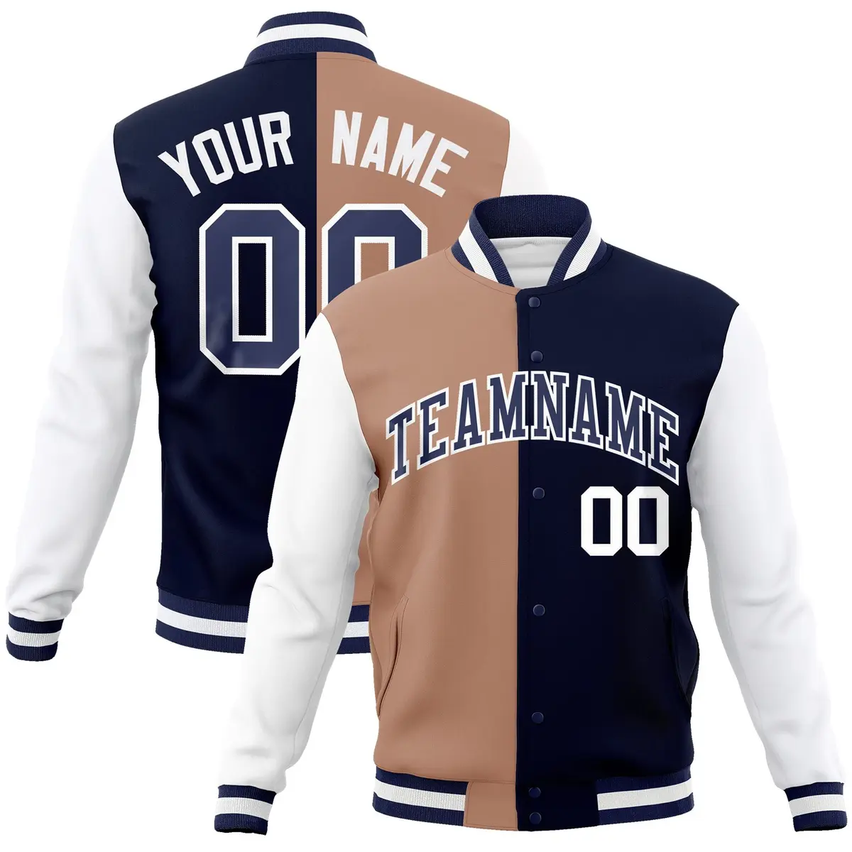 Brown Navy Two Tone Split Full-Snap Varsity Letterman Jacket
