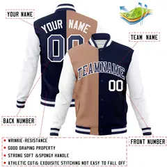 Brown Navy Two Tone Split Full-Snap Varsity Letterman Jacket 4