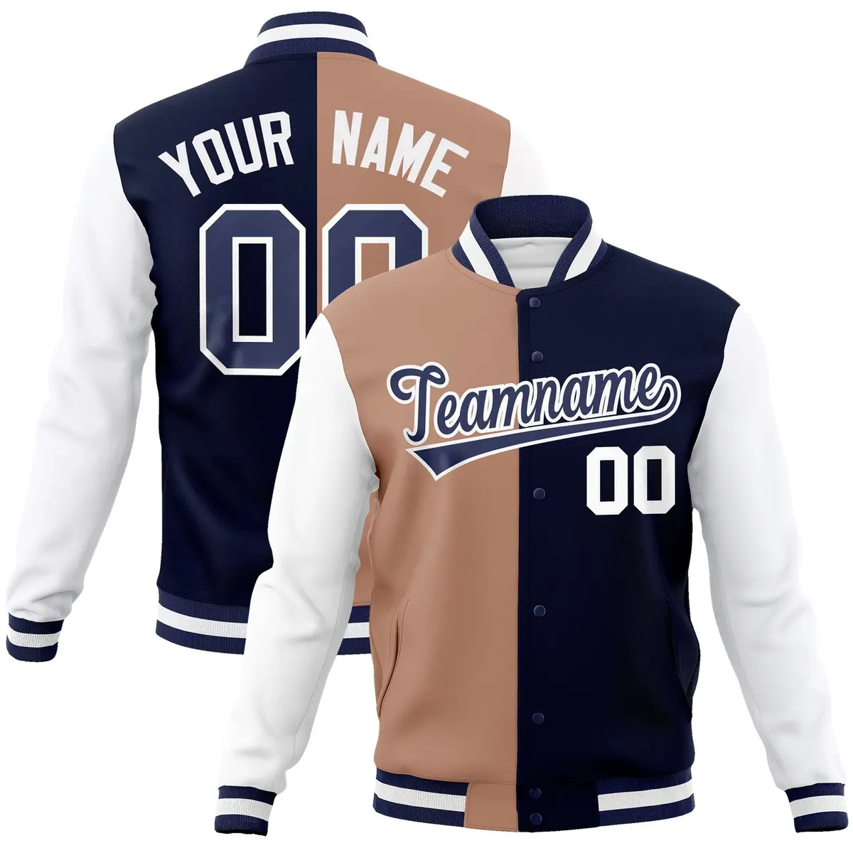 Brown Navy Two Tone Split Full-Snap Varsity Letterman Jacket