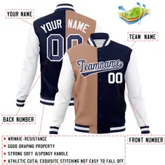 Brown Navy Two Tone Split Full-Snap Varsity Letterman Jacket 4