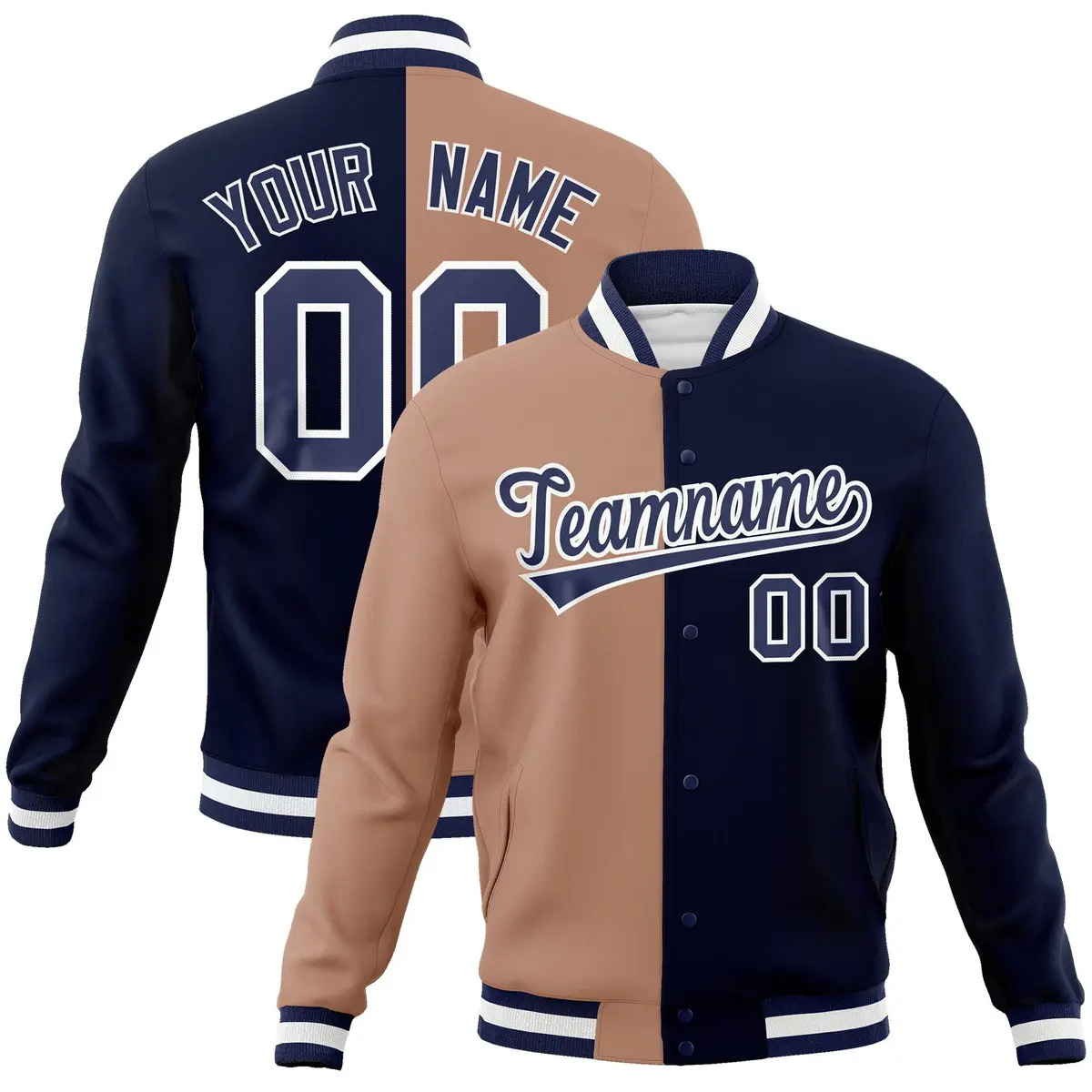 Brown Navy Two Tone Split Full-Snap Varsity Letterman Jacket