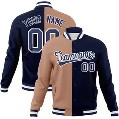 Brown Navy Two Tone Split Full-Snap Varsity Letterman Jacket 1