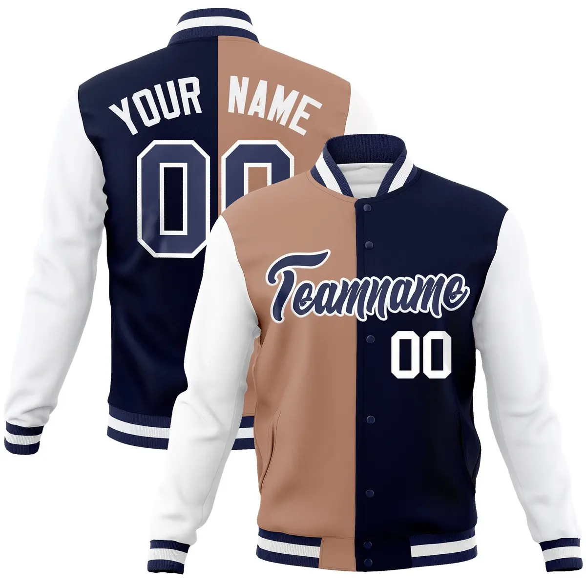 Brown Navy Two Tone Split Full-Snap Varsity Letterman Jacket