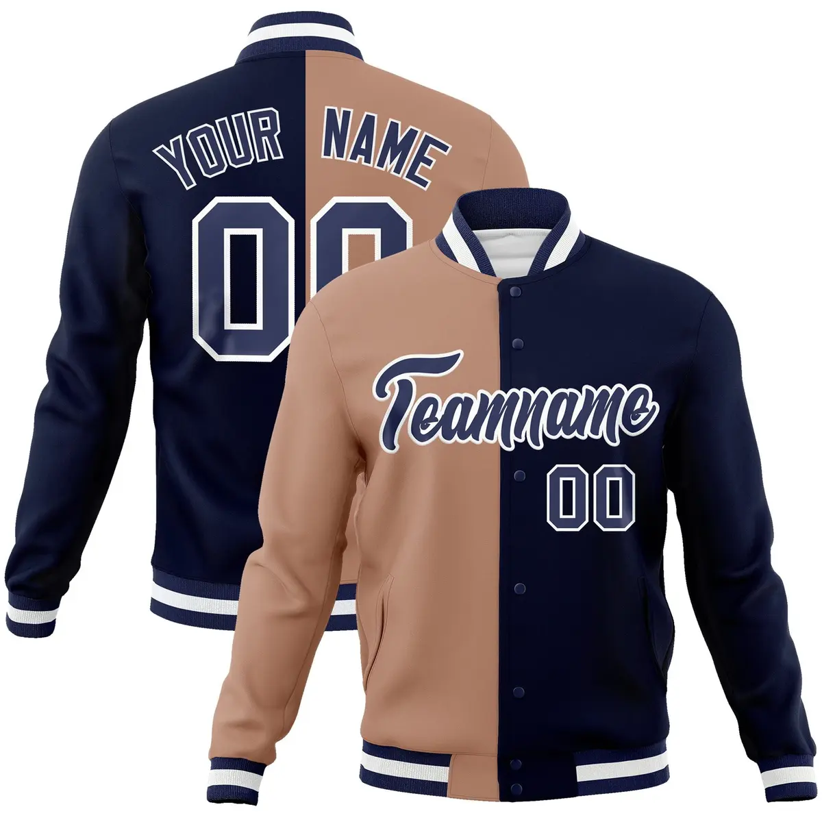 Brown Navy Two Tone Split Full-Snap Varsity Letterman Jacket