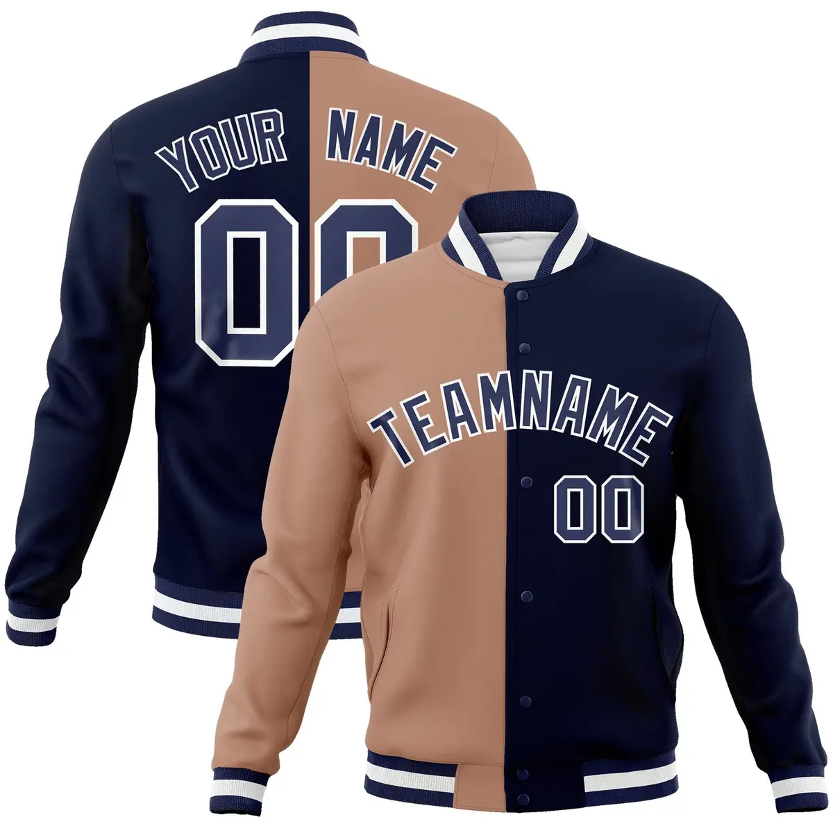 Brown Navy Two Tone Split Full-Snap Varsity Letterman Jacket