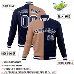 Brown Navy Two Tone Split Full-Snap Varsity Letterman Jacket 4