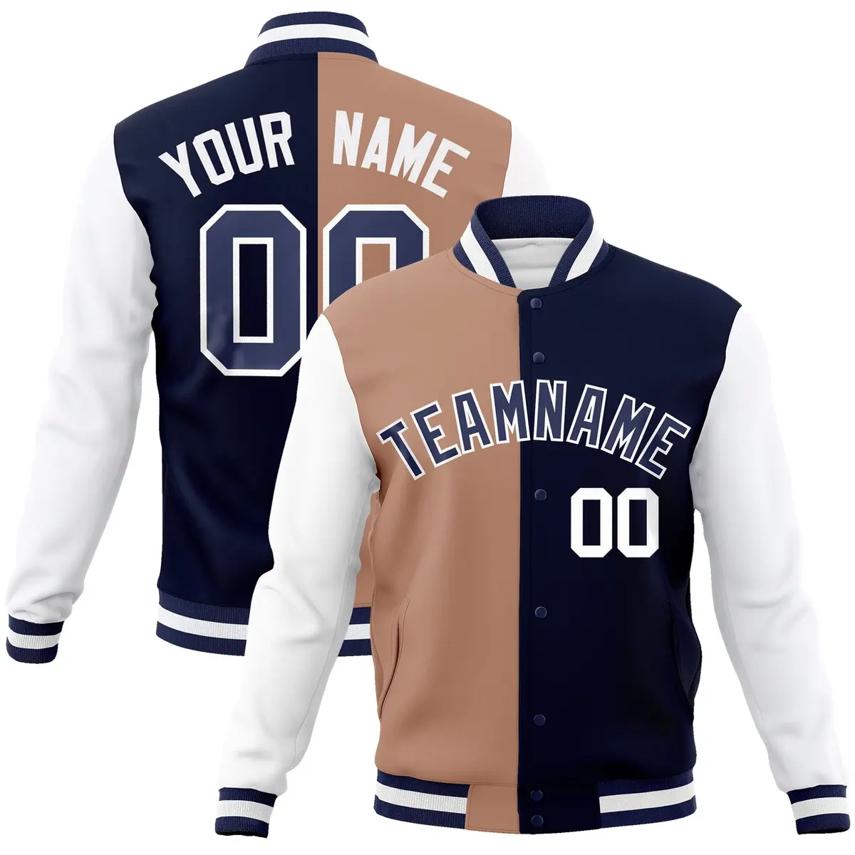 Brown Navy Two Tone Split Full-Snap Varsity Letterman Jacket