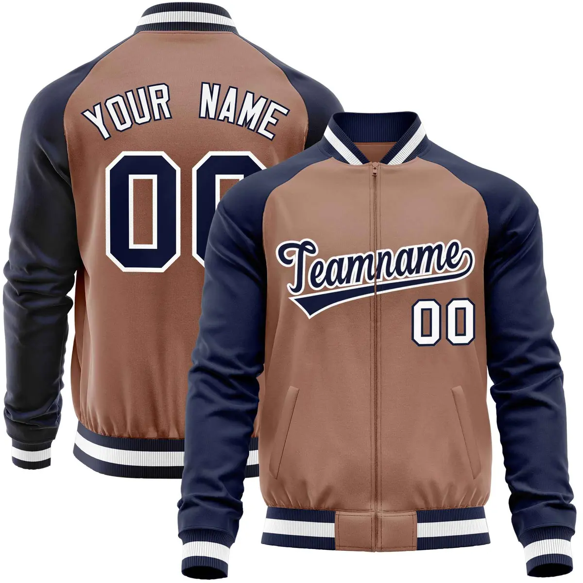 Brown Navy Varsity Full-Zip Raglan Sleeves Letterman Baseball Jacket