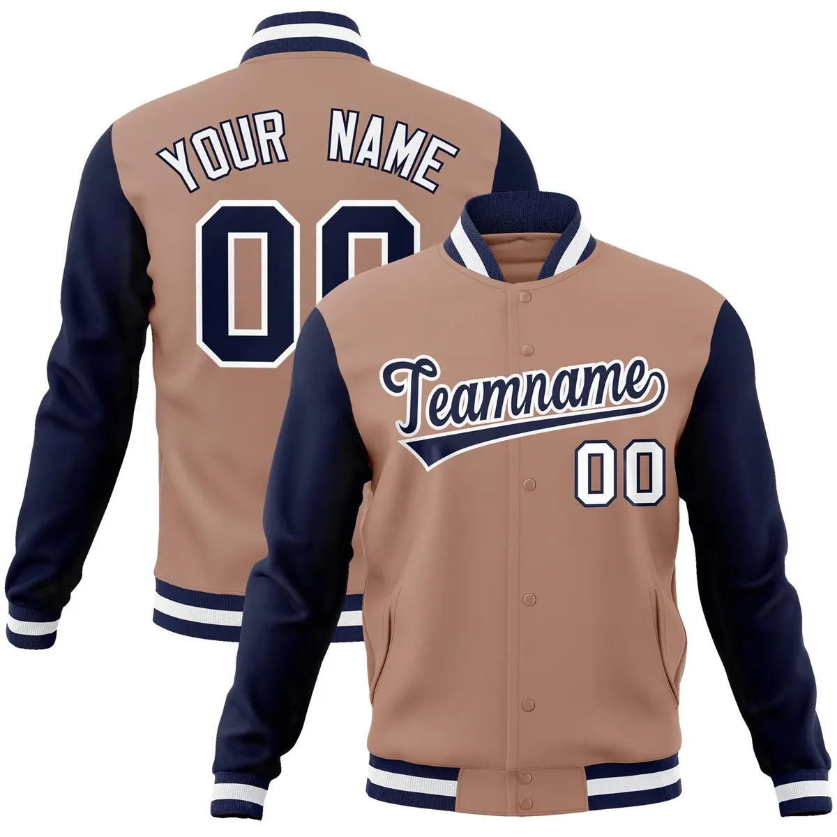 Brown Navy-White Raglan Varsity Full-Snap Letterman Jacket