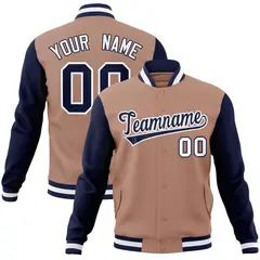 Brown Navy-White Raglan Varsity Full-Snap Letterman Jacket