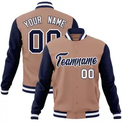 Brown Navy-White Raglan Varsity Full-Snap Letterman Jacket 1