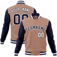 Brown Navy-White Raglan Varsity Full-Snap Letterman Jacket