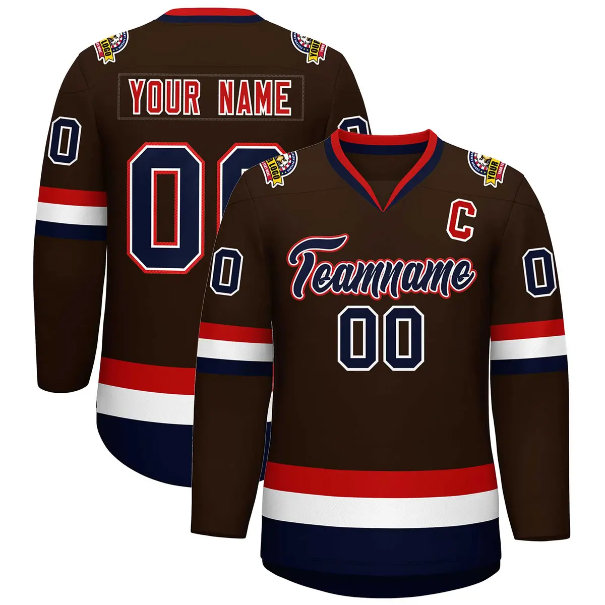 Brown Navy White-Red Classic Hockey Jersey