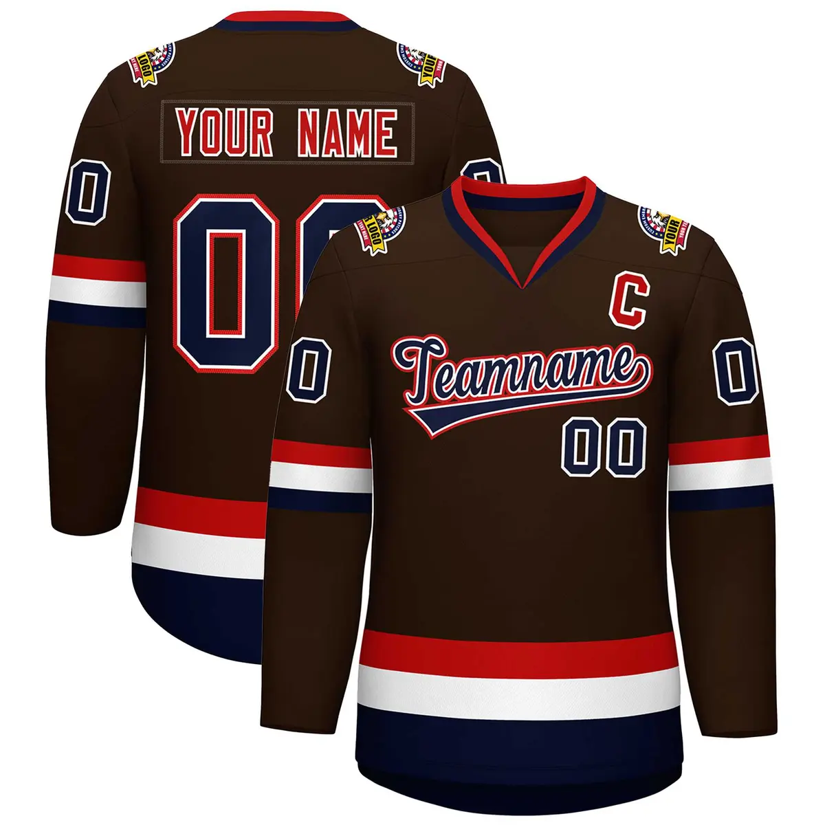 Brown Navy White-Red Classic Hockey Jersey