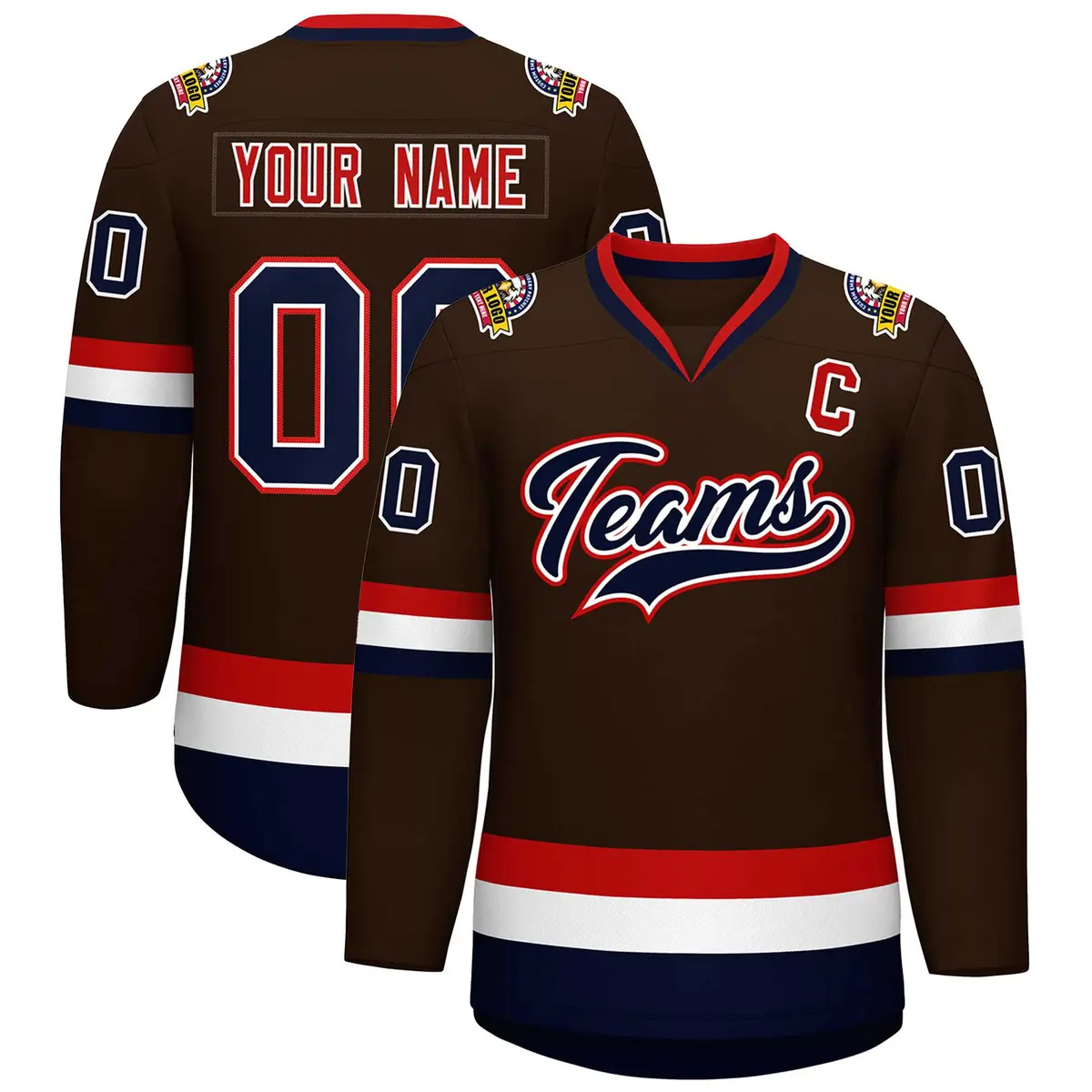 Brown Navy White-Red Classic Hockey Jersey
