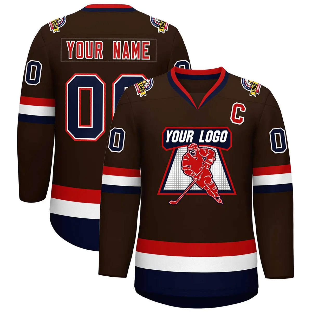 Brown Navy White-Red Classic Hockey Jersey
