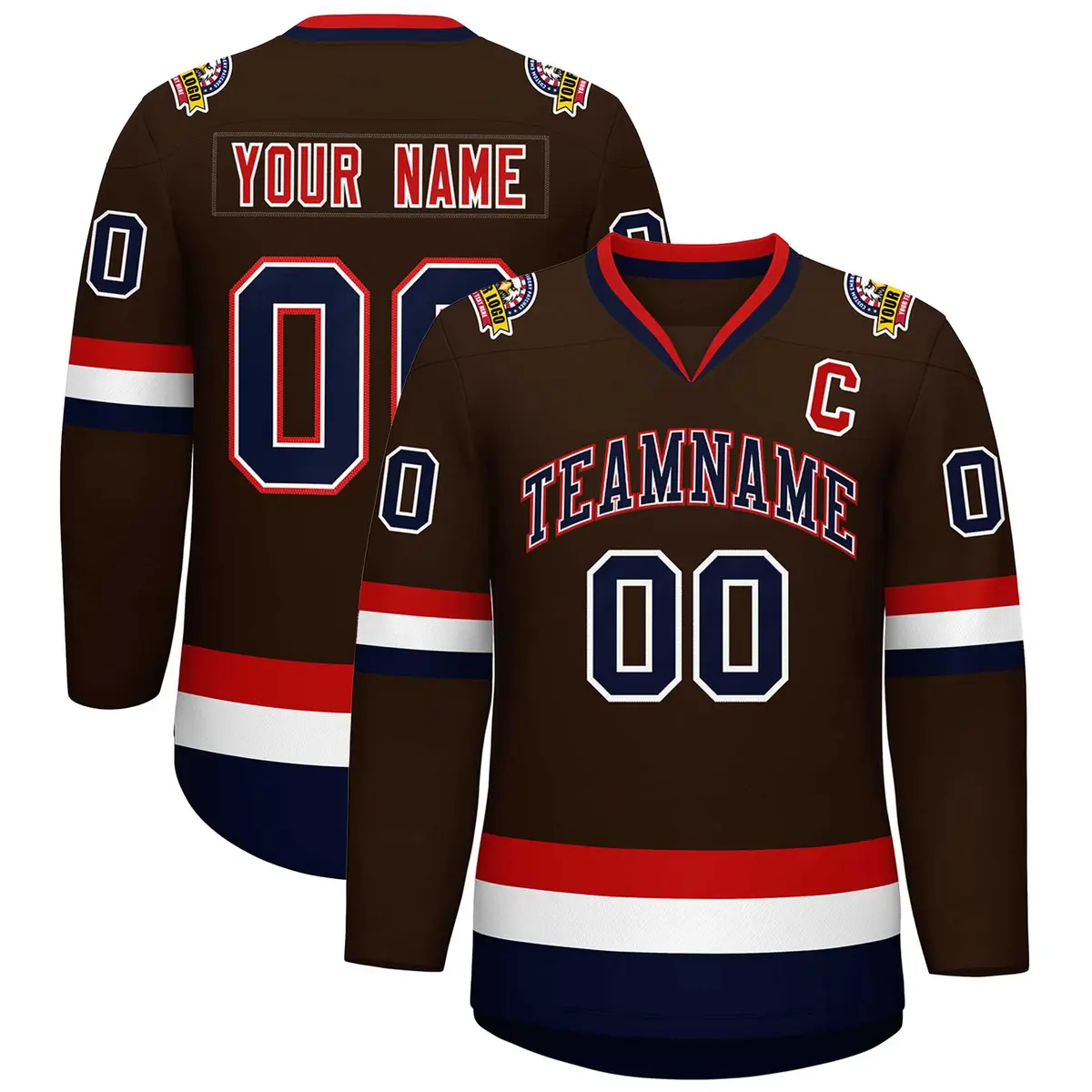 Brown Navy White-Red Classic Hockey Jersey