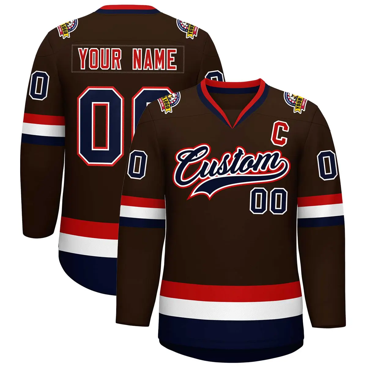 Brown Navy White-Red Classic Hockey Jersey