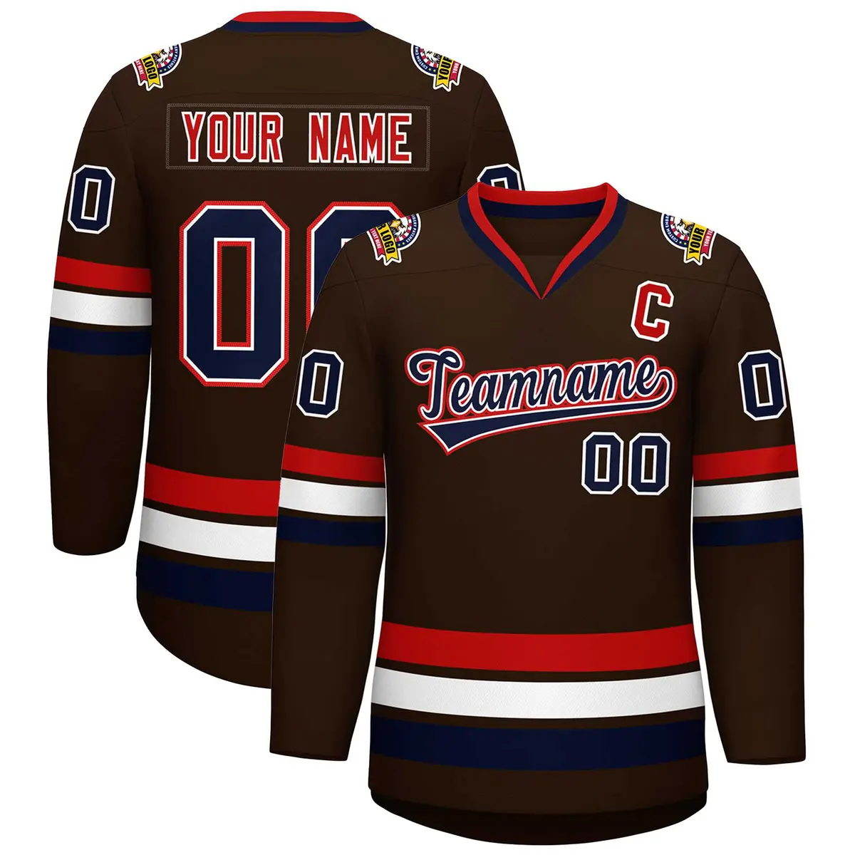 Brown Navy White-Red Classic Hockey Jersey
