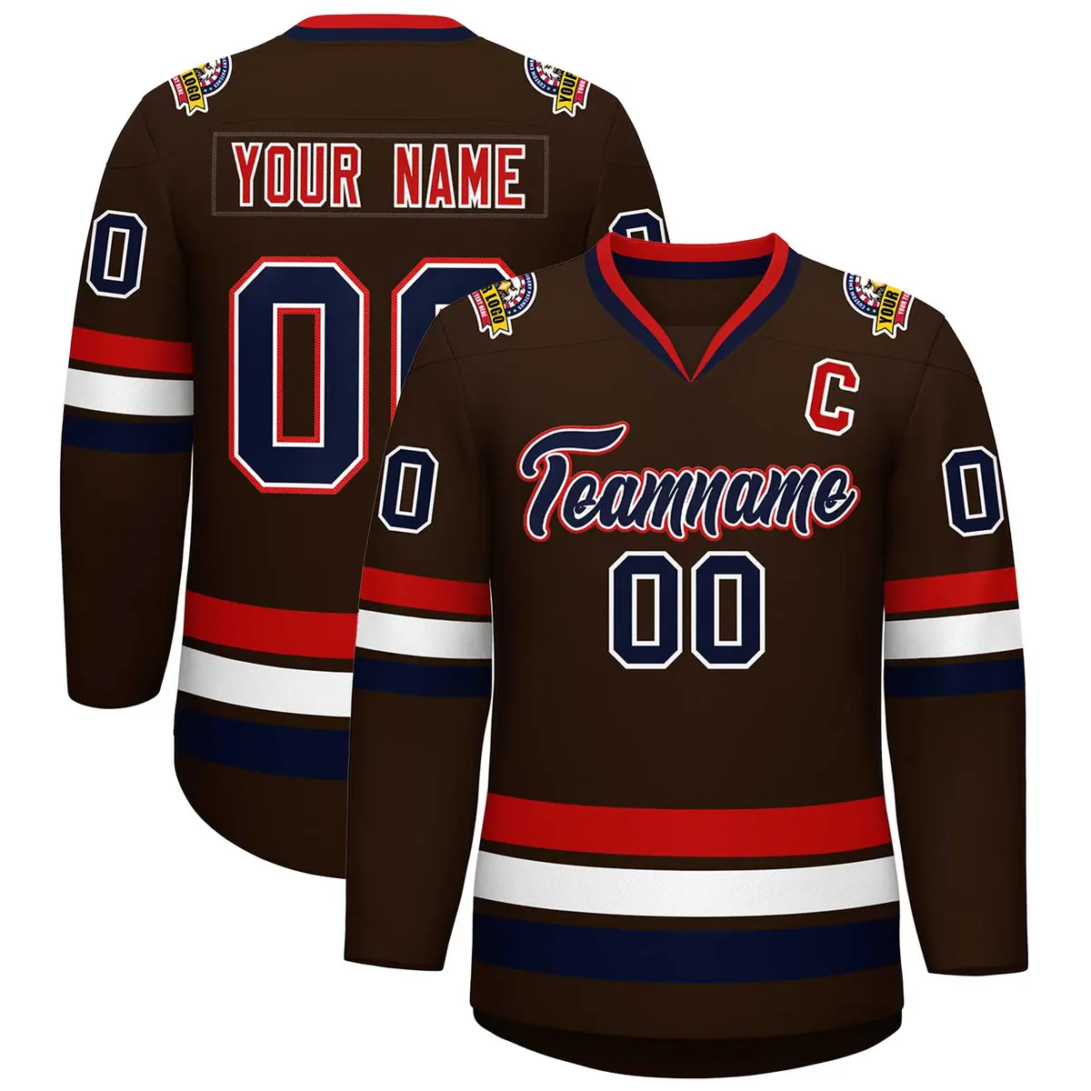 Brown Navy White-Red Classic Hockey Jersey