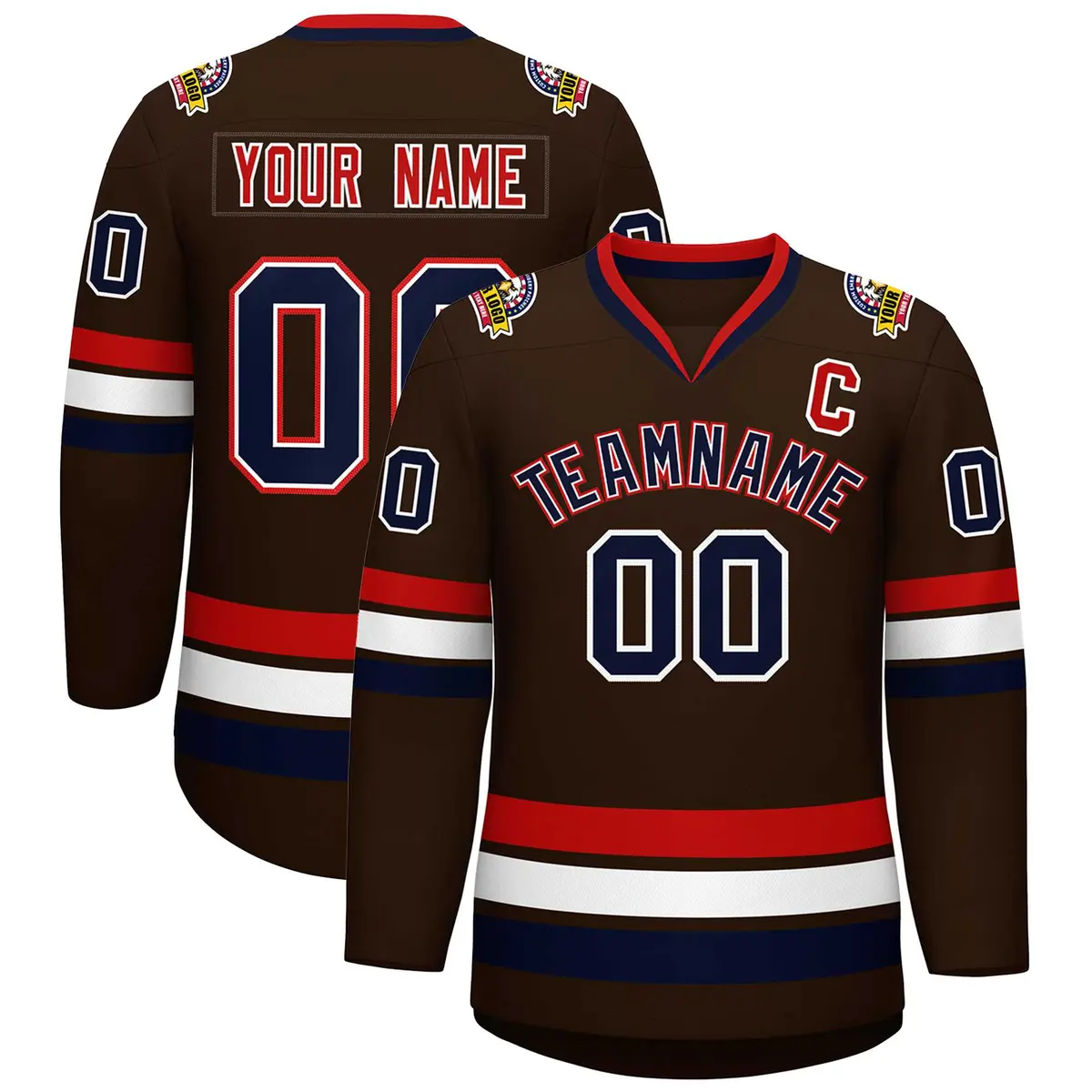 Brown Navy White-Red Classic Hockey Jersey