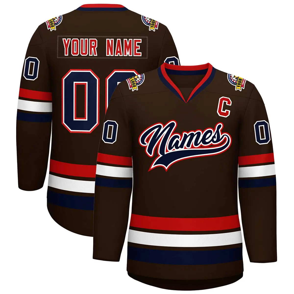Brown Navy White-Red Classic Hockey Jersey