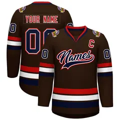 Brown Navy White-Red Classic Hockey Jersey 1