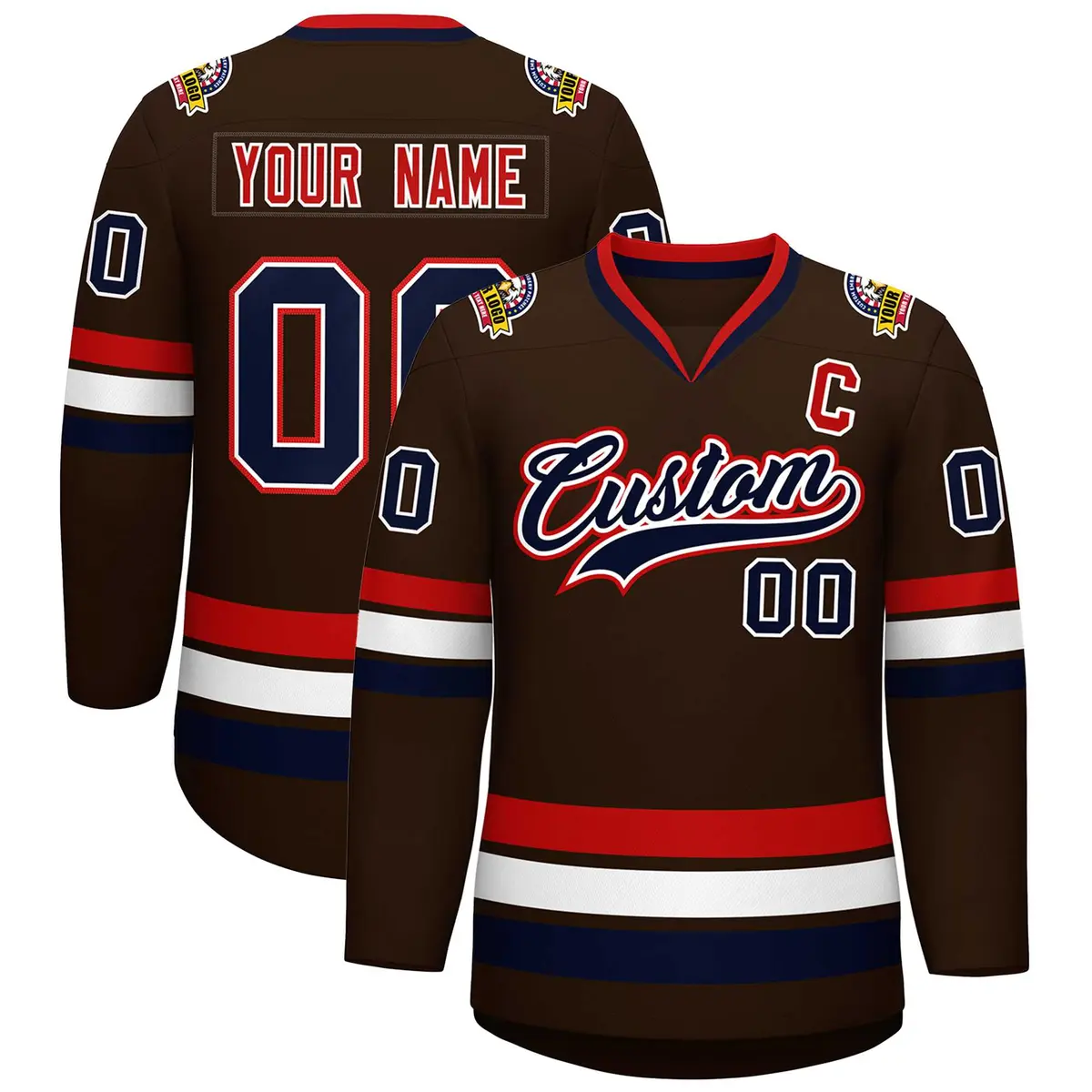 Brown Navy White-Red Classic Hockey Jersey
