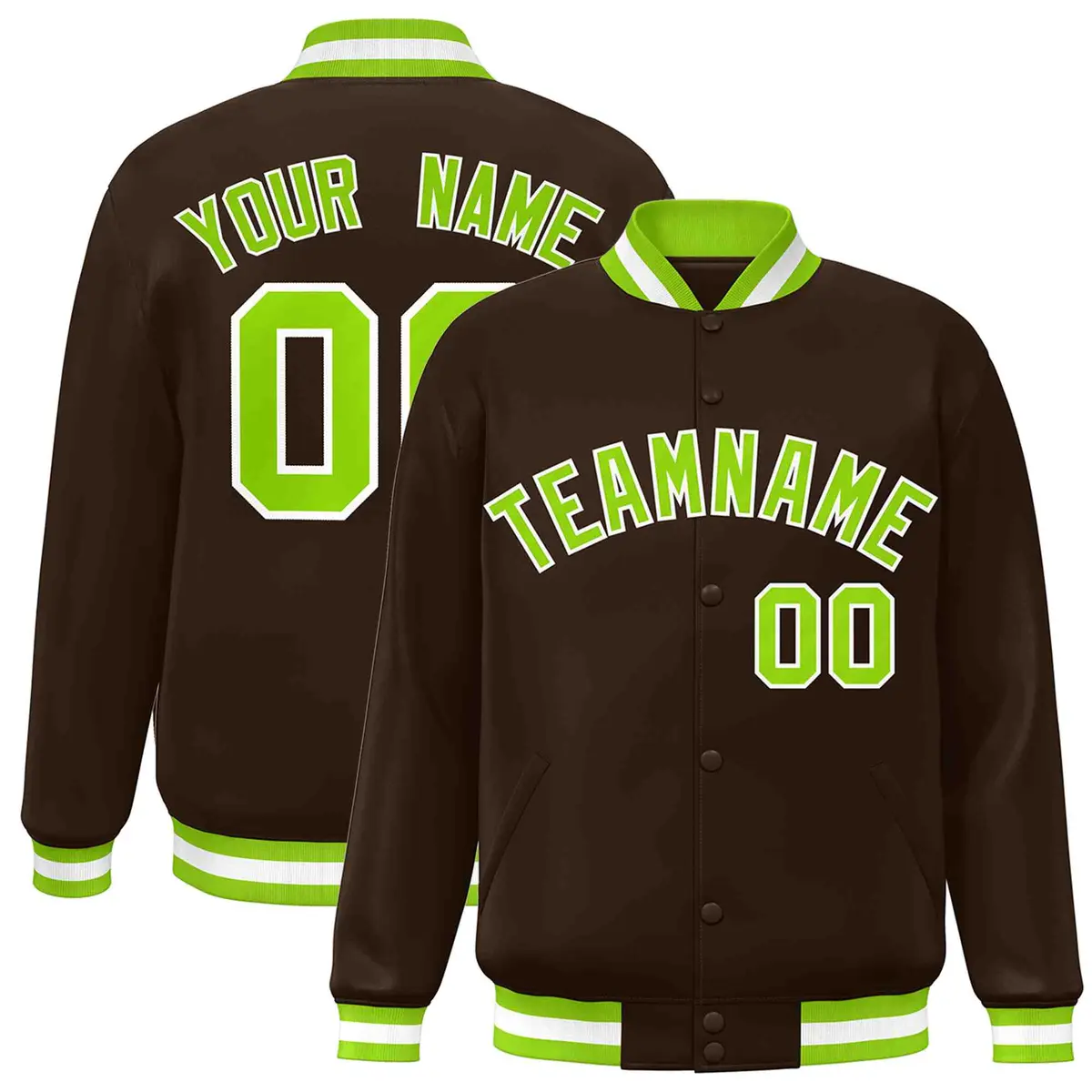 Brown Neon Green-White Varsity Full-Snap Letterman Jacket