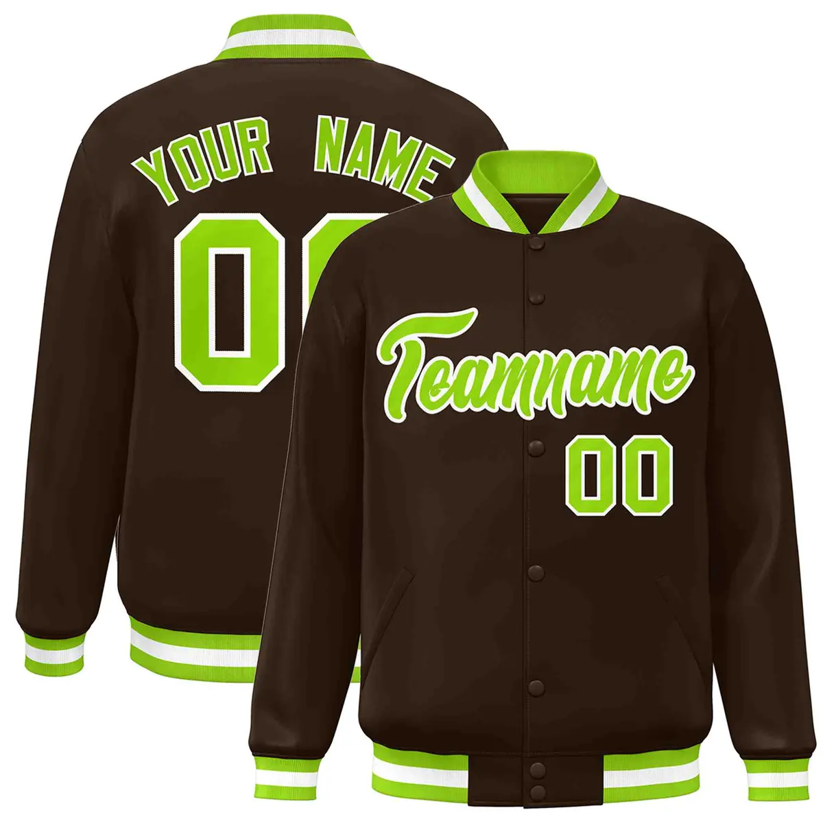 Brown Neon Green-White Varsity Full-Snap Letterman Jacket