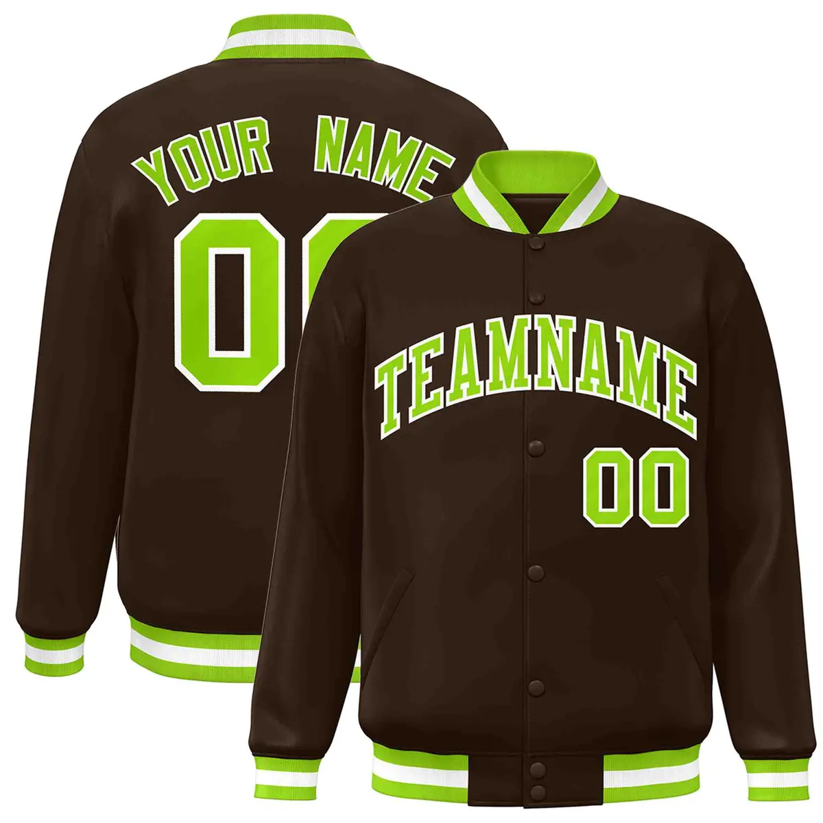 Brown Neon Green-White Varsity Full-Snap Letterman Jacket