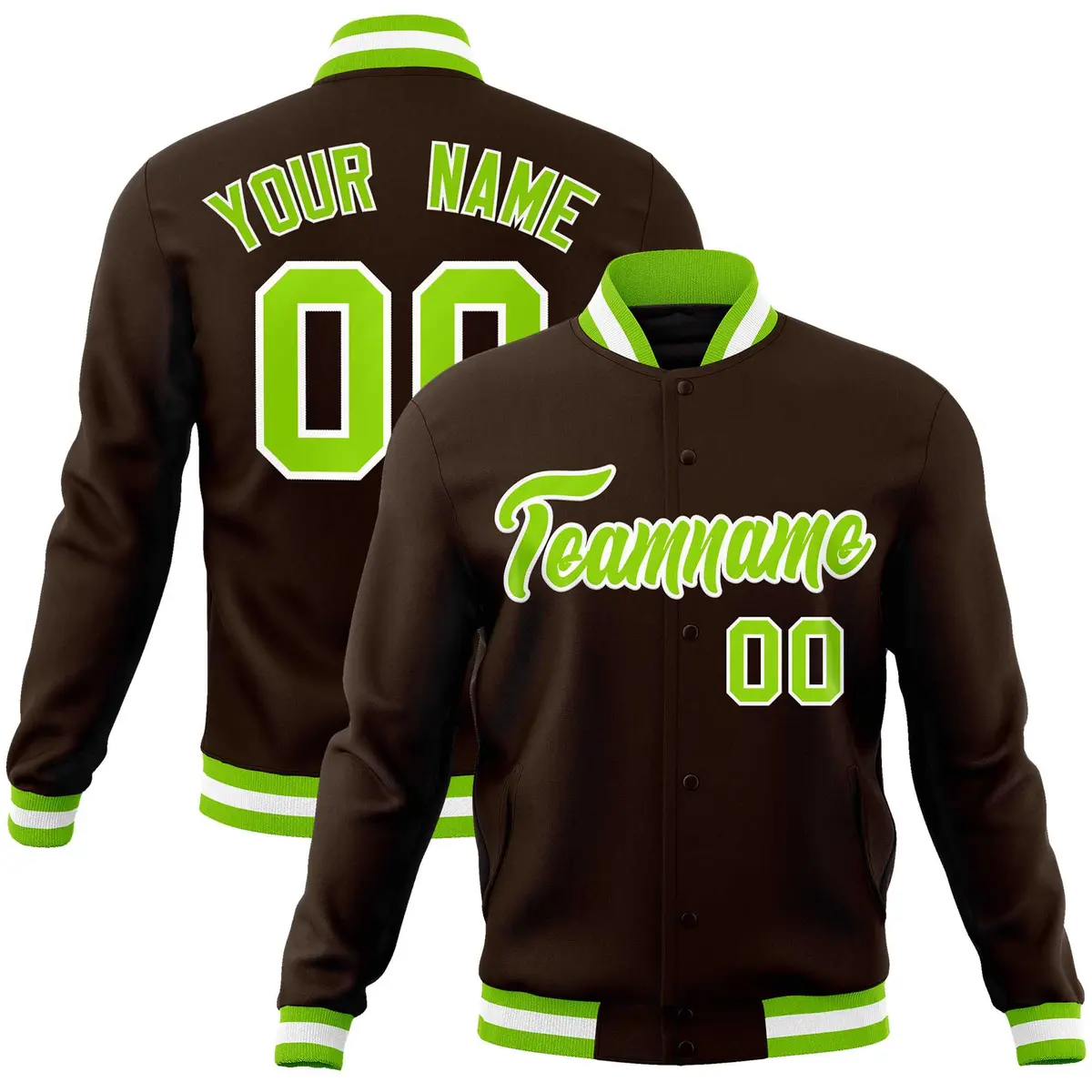 Brown Neon Green-White Varsity Full-Snap Letterman Jacket