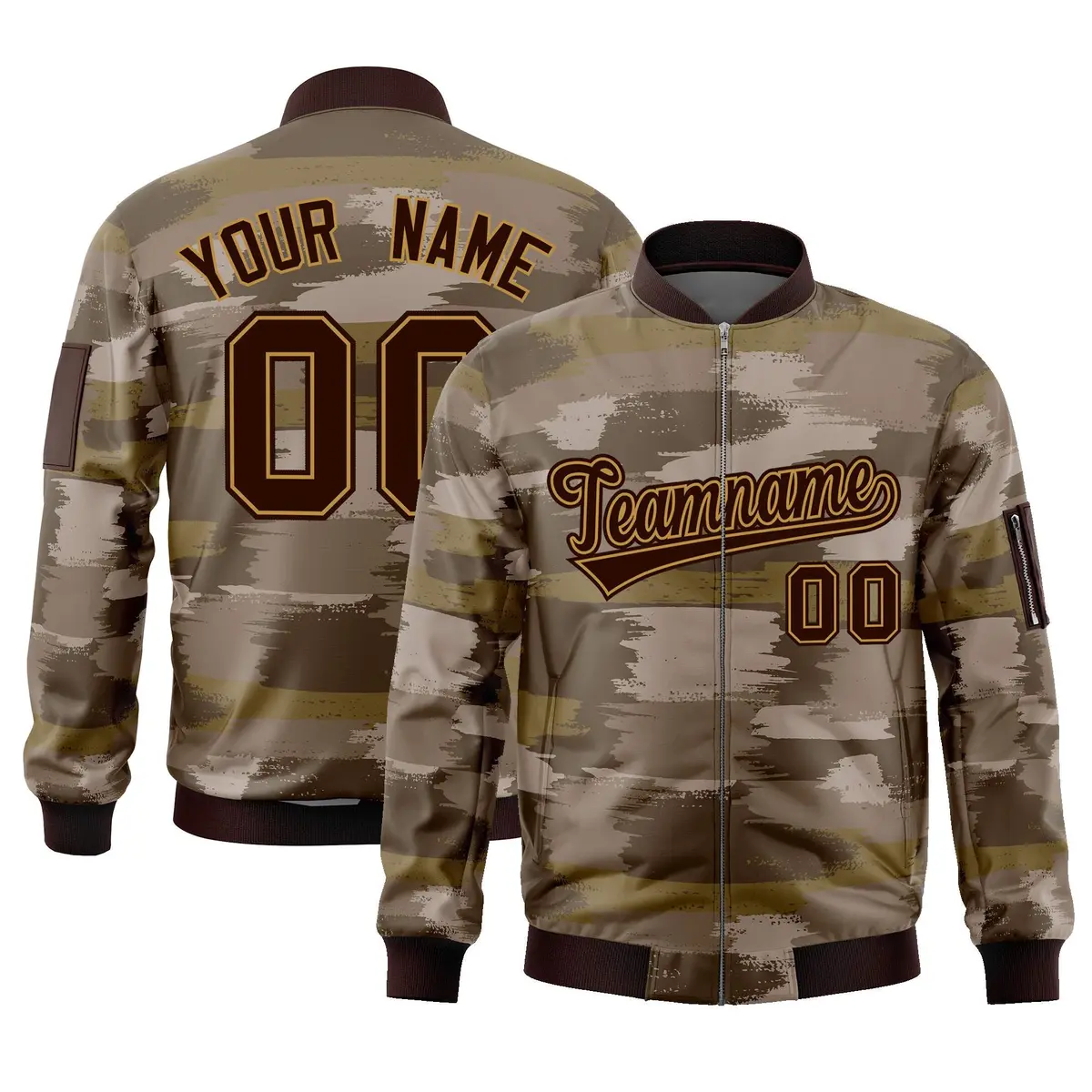 Brown Old Gold Camo Varsity Full-Zip Letterman Bomber Jacket