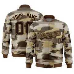 Brown Old Gold Camo Varsity Full-Zip Letterman Bomber Jacket