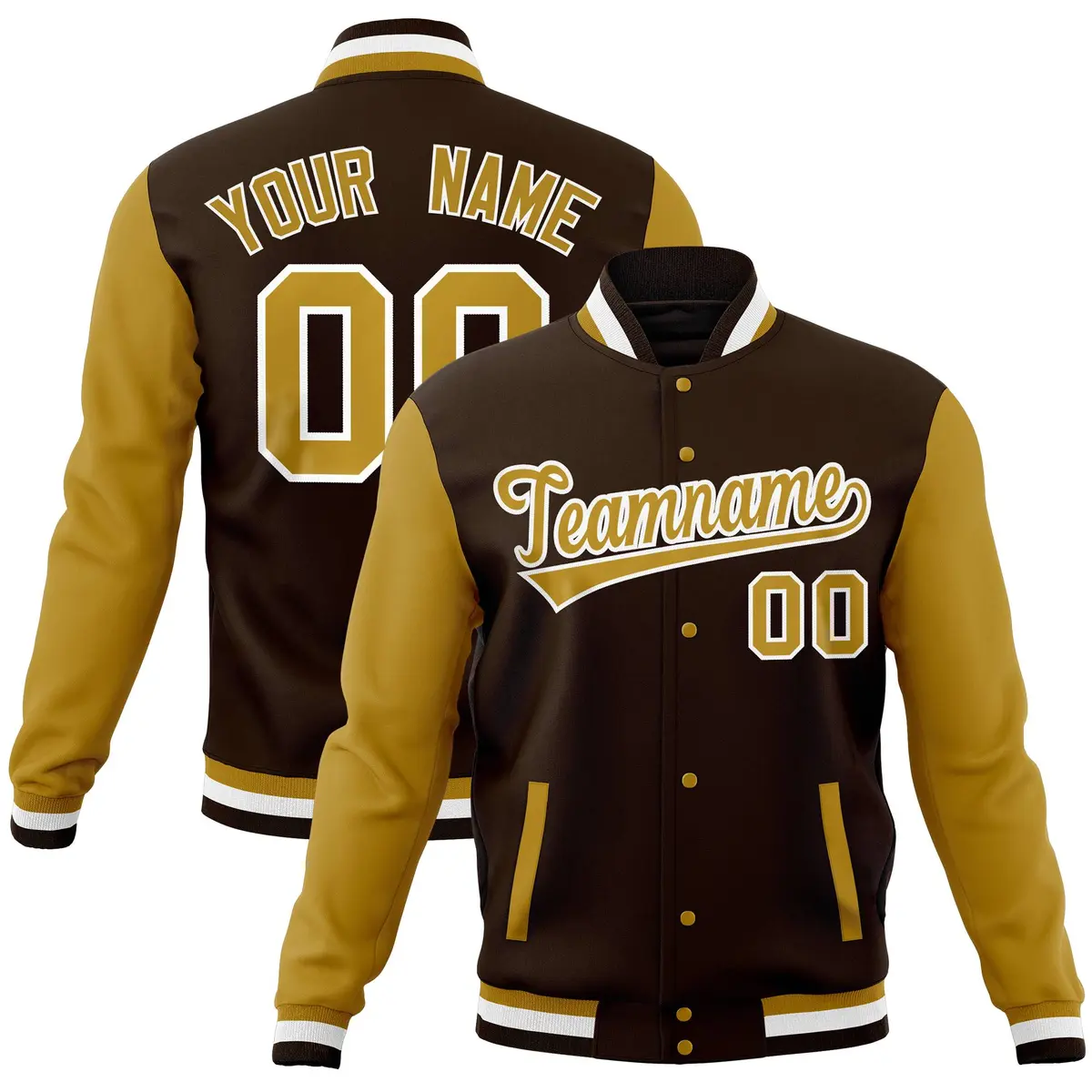 Brown Old Gold Full-Snap Raglan Varsity Letterman Baseball Jacket