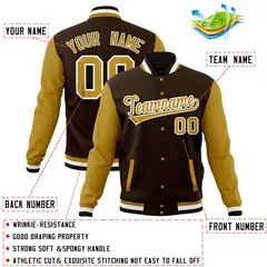 Brown Old Gold Full-Snap Raglan Varsity Letterman Baseball Jacket 4