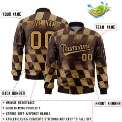 Brown Old Gold Grid Color Block Letterman Varsity Bomber Jacket 2