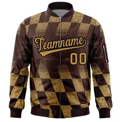 Brown Old Gold Grid Color Block Letterman Varsity Bomber Jacket 3