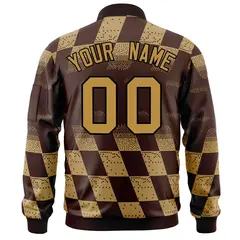 Brown Old Gold Grid Color Block Letterman Varsity Bomber Jacket 4