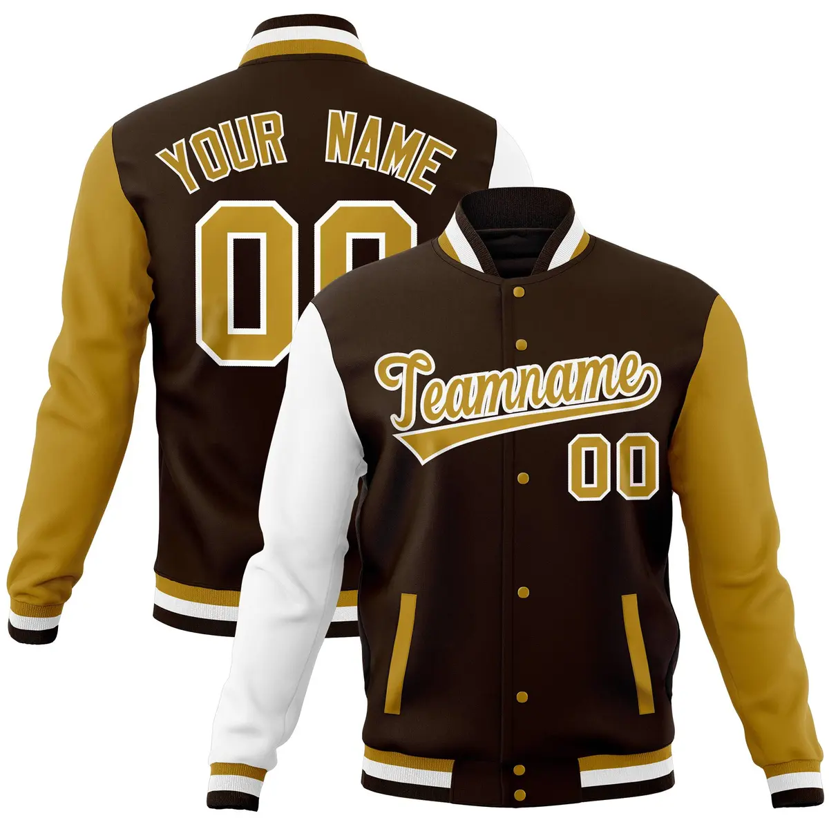 Brown Old Gold-White Raglan Sleeves Full-Snap Letterman Jacket