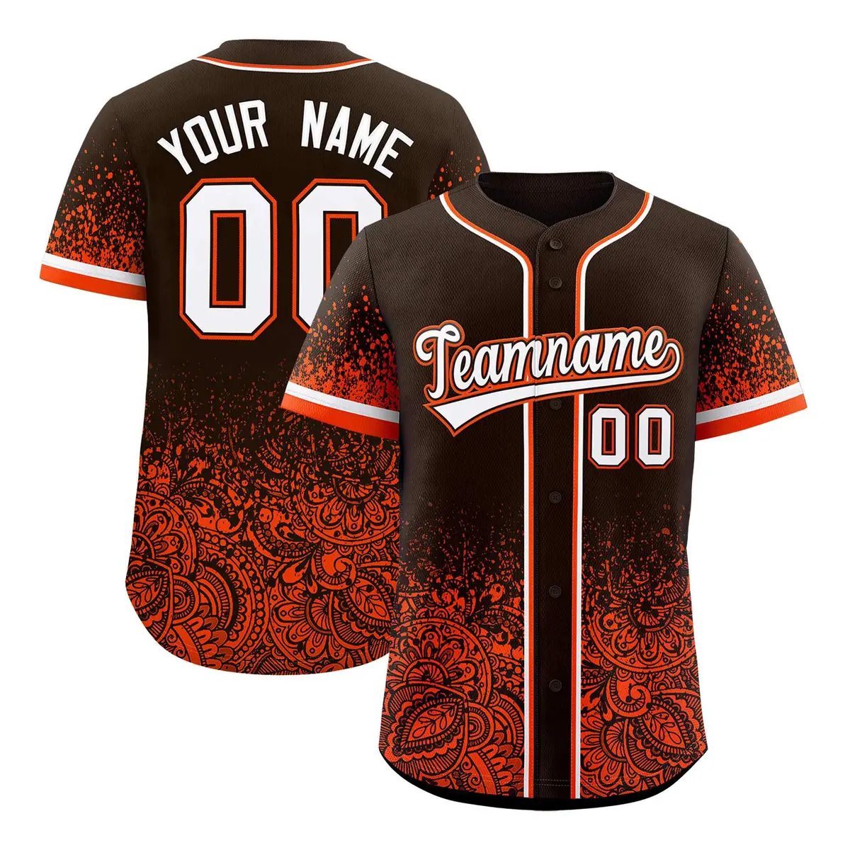 Brown Orange Floral Gradient Full Button Baseball Jersey