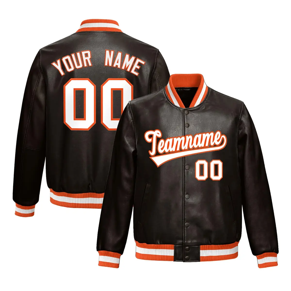 Brown Orange Full-Snap Faux Leather Varsity Letterman Jacket