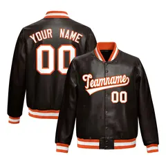 Brown Orange Full-Snap Faux Leather Varsity Letterman Jacket 1