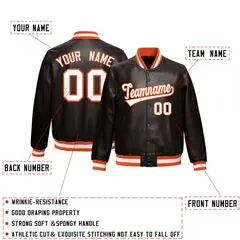 Brown Orange Full-Snap Faux Leather Varsity Letterman Jacket 2