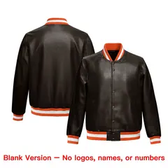Brown Orange Full-Snap Faux Leather Varsity Letterman Jacket 6