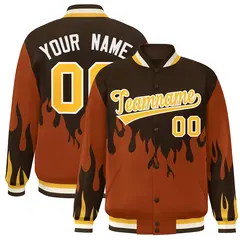 Brown Orange-Gold Flame Graffiti Bomber Varsity Full-Snap Jacket