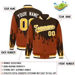 Brown Orange-Gold Flame Graffiti Bomber Varsity Full-Snap Jacket 2