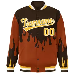 Brown Orange-Gold Flame Graffiti Bomber Varsity Full-Snap Jacket 3
