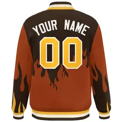 Brown Orange-Gold Flame Graffiti Bomber Varsity Full-Snap Jacket 4
