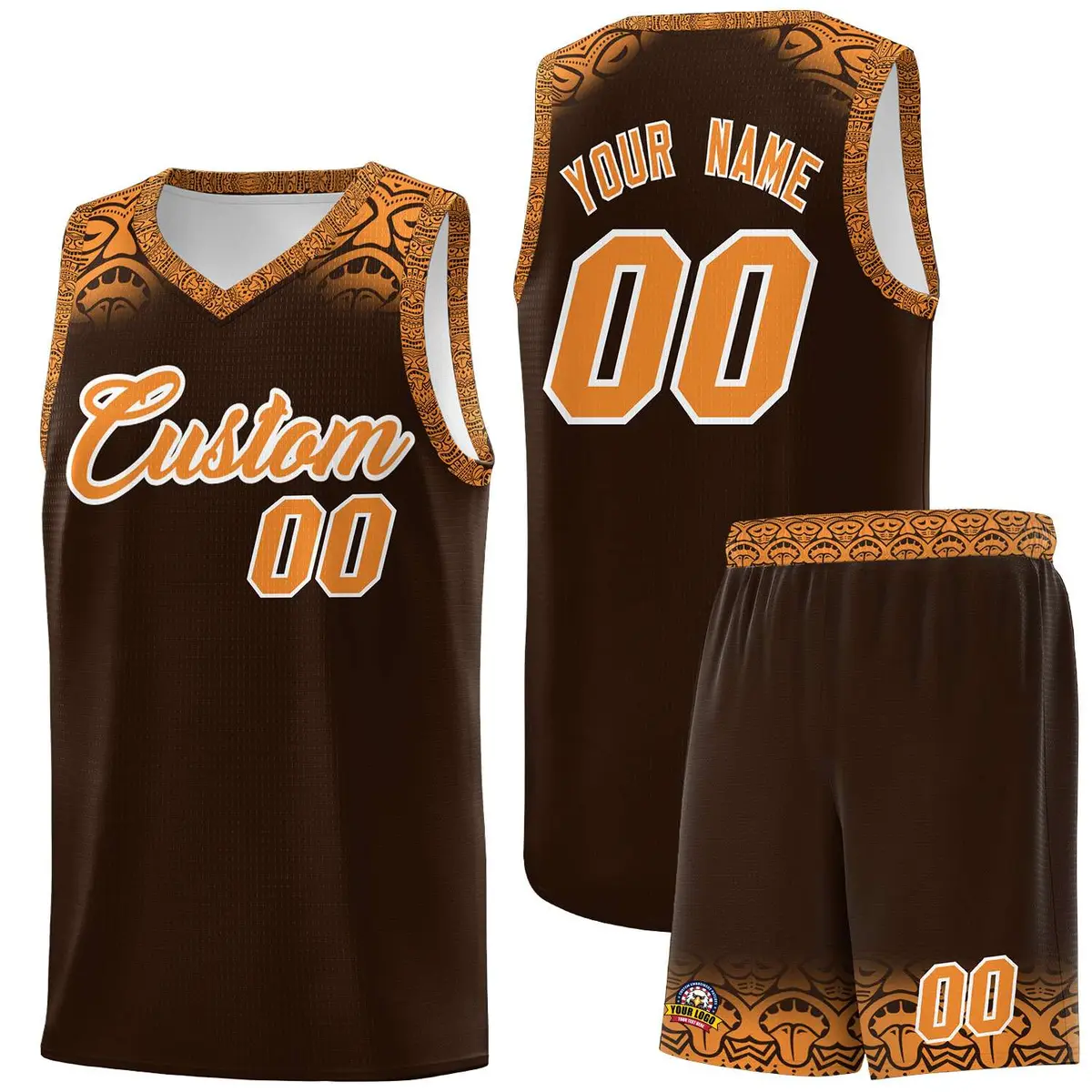 Brown Orange Indians Print Basketball Uniform Jersey